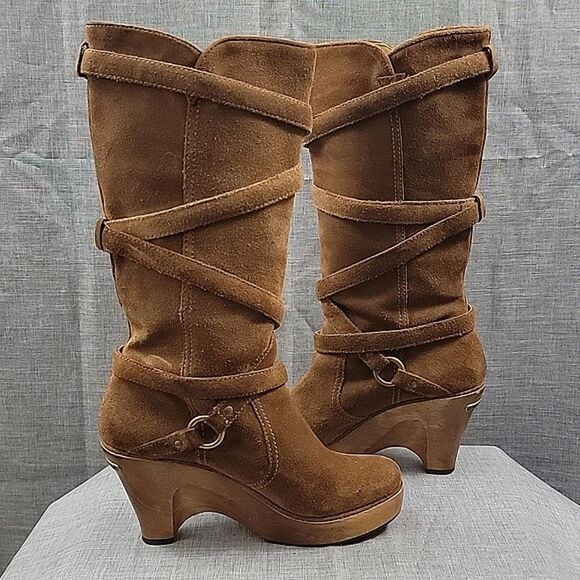 Michael Kors Tall Brown Suede Leather Strappy Wedge Heeled Slouch Boots SZ  6.5 - Picture 1 of 13